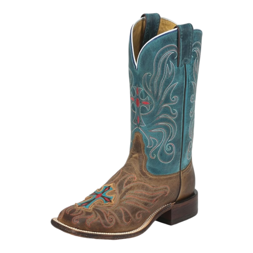 TONY LAMA ladies style#7931L "tan vintage cow cross" teal/brown cowboy boots 6.5 - Picture 3 of 16